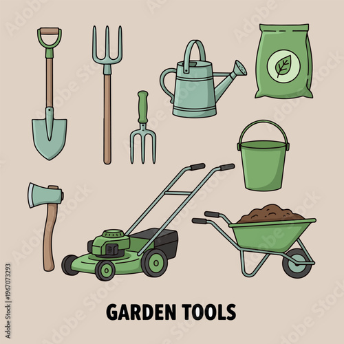 Professional gardening and lawn tools, hand drawn lawn mower and shovel, watering can and rake garden design, landscaping and backyard equipment icons, home garden maintenance doodle set, gardening ho