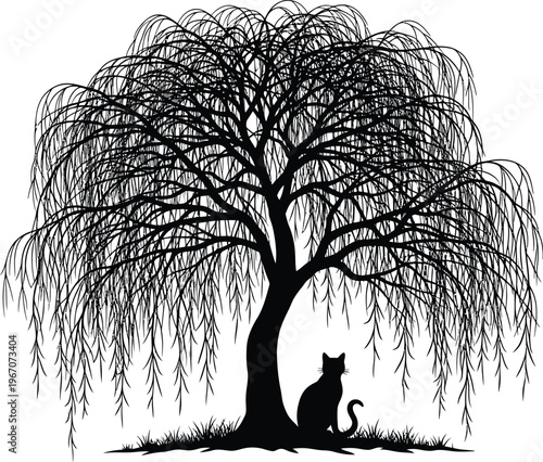 Silhouette of a black cat sitting under a weeping willow tree with domestic animal with whimsical art