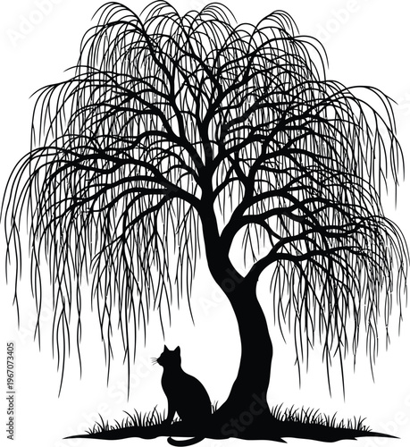 Black cat silhouette resting beneath a weeping willow tree with domestic animal with whimsical art