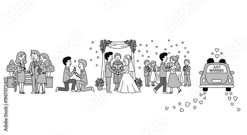 Wedding Celebration Sequence: Proposal, Ceremony, Reception, Getaway Car