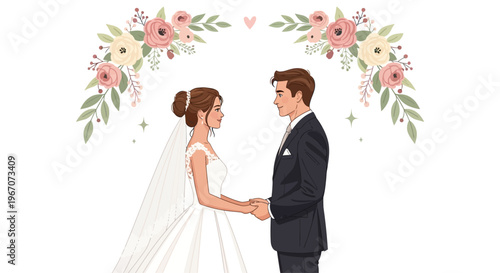 Wedding Couple Holding Hands Under Floral Arch