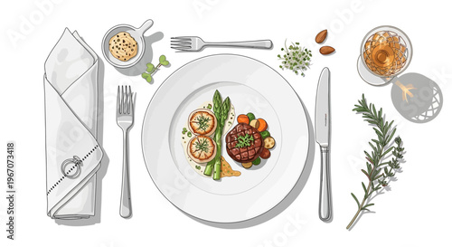 Gourmet Meal Plating: Steak, Scallops, Asparagus, and Garnish - Overhead View