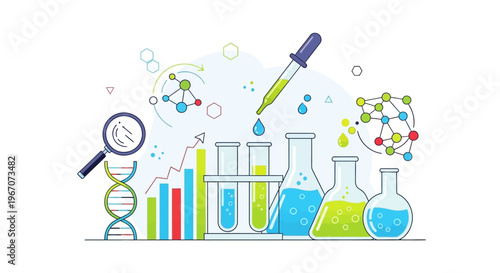 Science Laboratory Research: DNA, Molecules, Pipette Dropping Liquid into Test Tubes, Flasks, Magnifying Glass