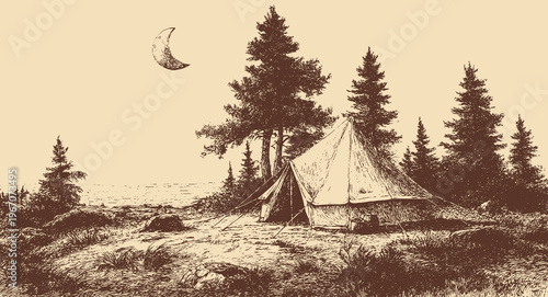 A vector illustration of a canvas camping tent in a forest. A vintage outdoor vector illustration.