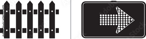 A vector illustration featuring a black silhouette of a picket fence on the left and a rectangular road sign with a dotted arrow pointing to the right on the right.