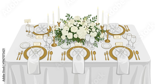 Elegant Wedding Table Setting with Floral Centerpiece and Gold Accents