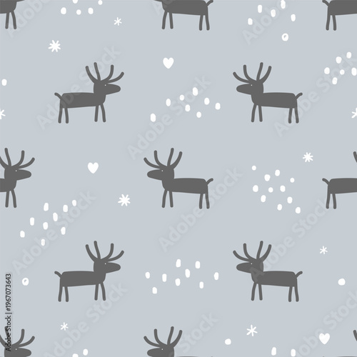 Cute reindeer seamless pattern. North Pole nursery background. Deer and snow. Vector illustration.