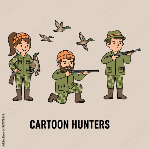 Funny cartoon hunters and soldiers, hand drawn military army personnel illustration, hunting adventure and forest gear design, forest guard and ranger character set, camouflage uniform and weapon dood