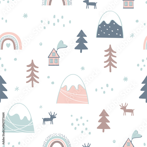 Seamless pattern with cartoon winter landscape. Hand drawing Nursery Christmas Vector illustration