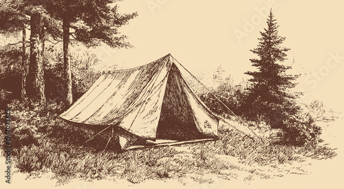 A vector illustration of a canvas camping tent in a forest. A vintage outdoor vector illustration.