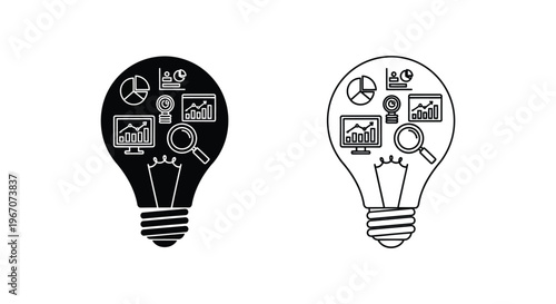 black and white light bulbs with business icons inside Vector