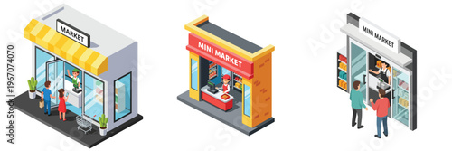 Shopfronts: Isometric View: A captivating isometric perspective offers a delightful snapshot of modern shopfronts, inviting the viewer into the world of commerce.