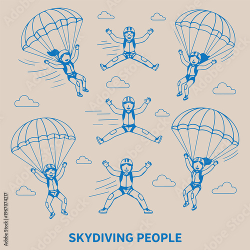 Seamless parachuting skydiving pattern, hand drawn blue skydiver illustration, extreme sports adventure background, falling people with parachute design, adrenaline hobby doodle wallpaper, skydiving a