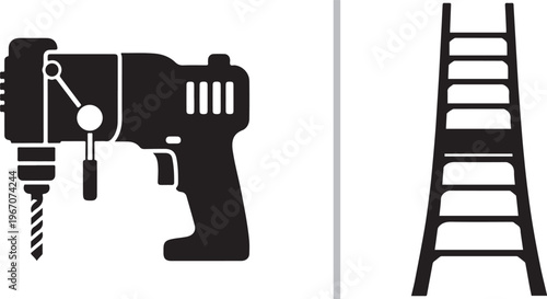 A black and white vector graphic featuring a silhouette of a power drill on the left and a silhouette of a sturdy step ladder on the right.
