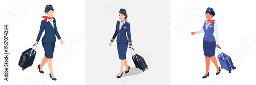 Ready for Takeoff: Professional flight attendants confidently navigate the airport, suitcase in tow, embodying travel expertise. Representing the spirit of aviation and service excellence.