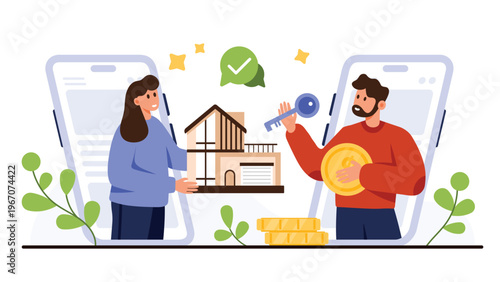 Digital real estate transaction with people exchanging house model, key, and coin through smartphones, perfect for realtors, property apps, and home search websites isolated on white background vector