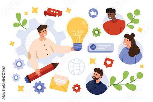 Creative team exchanging ideas, giving feedback, and collaborating on projects for innovation, communication, and productivity in business or education isolated on white background vector illustration