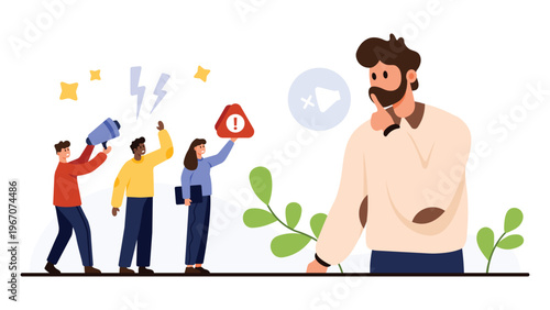 Conflict and misunderstanding concept with group arguing and one person staying quiet, useful for communication, workplace, or relationship topics isolated on white background vector illustration