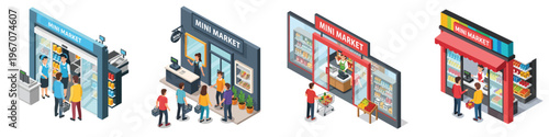 Urban Shops and Customers: An isometric perspective showcases a collection of shops, each bustling with customers, with a sense of community and the daily rhythm of urban life.