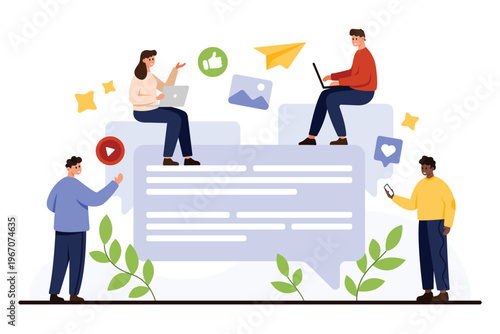 Group of diverse people using devices for online chat communication, surrounded by social media icons, teamwork, and digital interaction concept isolated on white background vector illustration