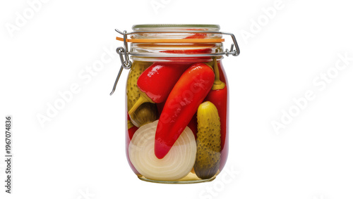 Принти на полотні Glass jar of pickled vegetables including peppers pickles and onion, isolated on