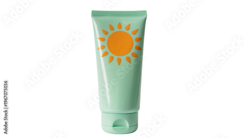 Obraz na płótnie Light green sunscreen tube with orange sun graphic, isolated on transparent back