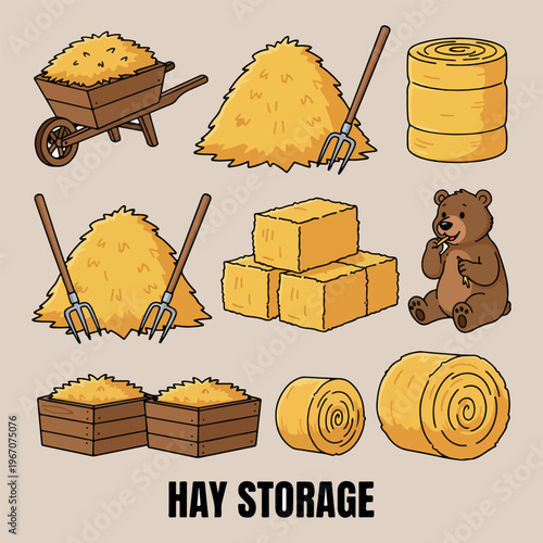 Hay storage and farm harvest collection, hand drawn hay bale and stack, agriculture barn and farming equipment design, wheelbarrow and pitchfork farm icons, country harvest and livestock feed doodle, 