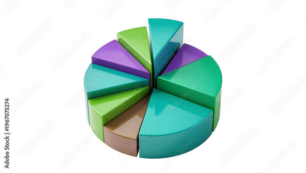 Obraz premium Colorful 3D pie chart segments with varying proportions, isolated on transparent background