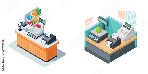 Cashier Station: Showcasing the various elements of a cashier station from an isometric perspective. Depicting a modern supermarket setup, perfect for business or retail projects.