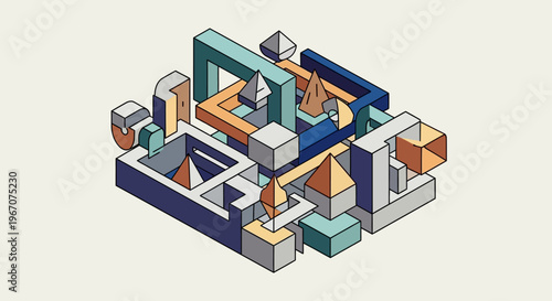 Abstract geometric architectural structure with colorful blocks and shapes.