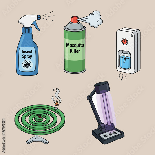 Cleaning and hygiene spray products collection, hand drawn disinfectant and insecticide illustration, household chemicals and cleaning tools design, uv sterilization lamp and coil icons, sanitary home