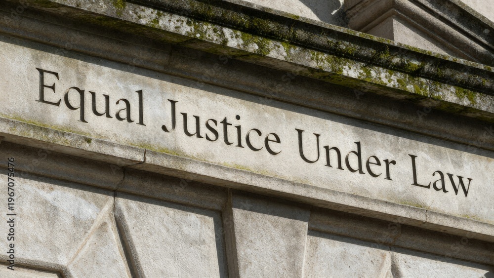 Obraz premium Stone Courthouse Facade Reading Equal Justice Under Law, Engraved Motto Above Tall Columns, Weathered Limestone Texture, Classical Pediment And Capitals, Solemn Civic Atmosphere, Symbolizing