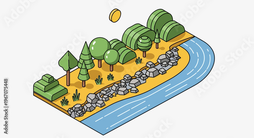 Isometric landscape with river trees and rocks illustration.
