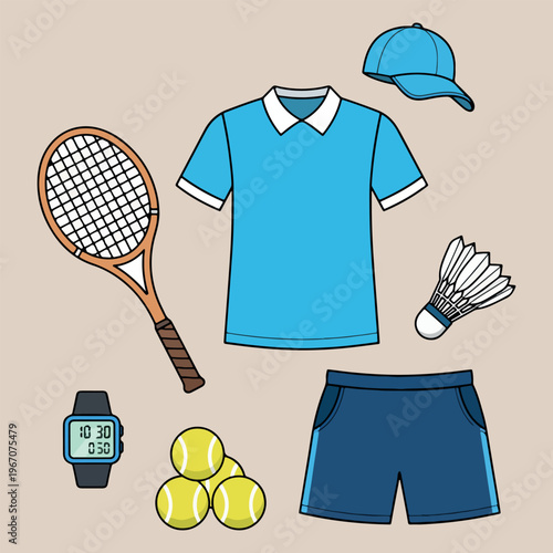  Professional racket sports and fitness gear, hand drawn tennis and badminton set, blue polo shirt and shorts illustration, shuttlecock and tennis ball equipment design, sports accessories and cap col