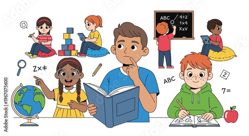 Diverse children learning and playing with educational toys and technology