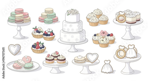 Sweet Wedding Desserts Assortment: Cakes, Cupcakes, Macarons, Tarts, Cookies
