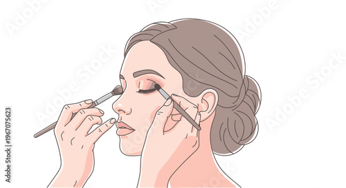 Woman applying eyeshadow with brushes, makeup artist working on beauty portrait