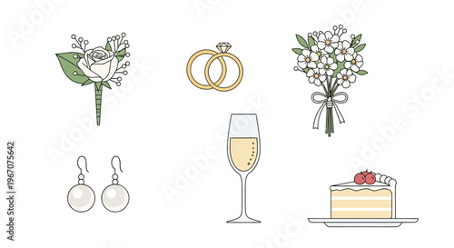 Wedding Celebration Elements: Rings, Bouquet, Cake, Champagne, Boutonniere, Earrings