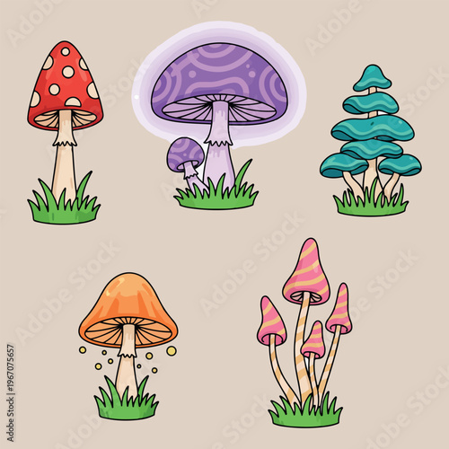 Magic mushroom and forest plant collection, hand drawn fungi and toadstool illustration, botanical woodland nature design, colorful mushroom species icons, garden mystery plants doodle set, poisonous 