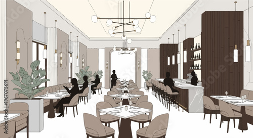 Elegant Restaurant Interior Design with Dining Tables and Bar Area