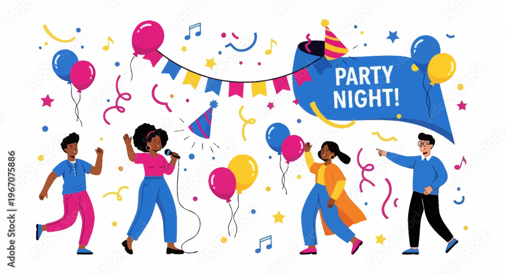 Fototapeta premium Diverse People Dancing, Singing, Celebrating at a Fun Party Night with Balloons and Confetti