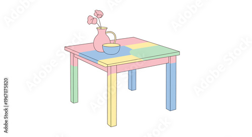 Modern Colorful Table with Vase and Bowl, Pastel Geometric Design