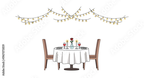 Romantic Dinner Table Setting with Twinkling Lights and Rose