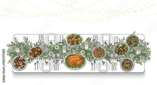 Festive Holiday Table Setting with Roasted Turkey and Abundant Food, Top View