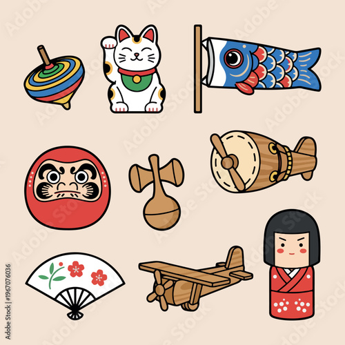 Traditional japanese culture and toys, hand drawn daruma and maneki-neko illustration, koinobori carp streamer and fan design, kendama and spinning top icons, kokeshi doll and sushi doodle set, asian 