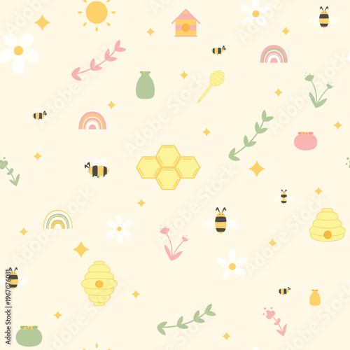 Cute Honey Bee and Spring Garden Seamless Pattern in Pastel Colors