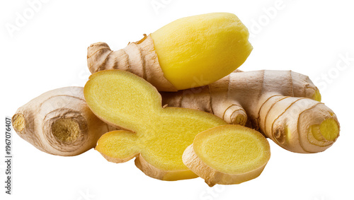 Fresh ginger root pieces and slices, isolated on transparent background