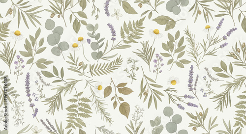 Botanical seamless pattern, floral wallpaper design, green leaves, purple flowers