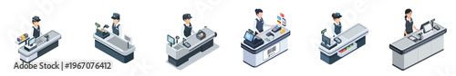 Cashier Workflow Illustration: An isometric illustration meticulously details the various stages of cashier workflow.
