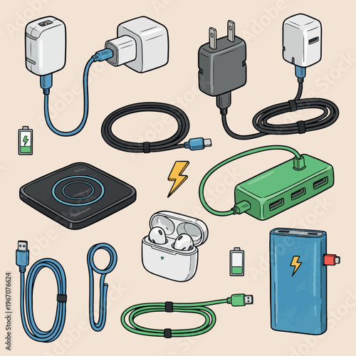 Electronic mobile charging accessories collection, hand drawn power adapter and cable illustration, wireless charger and earbud case design, power bank and usb hub icons, technology charging equipment